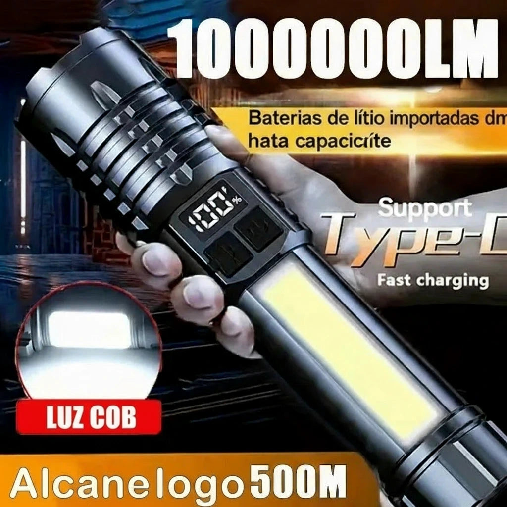 Lanterna LED de alta potência, potente lanterna COB recarregável tipo C com luz lateral para acampamento ou trilhas