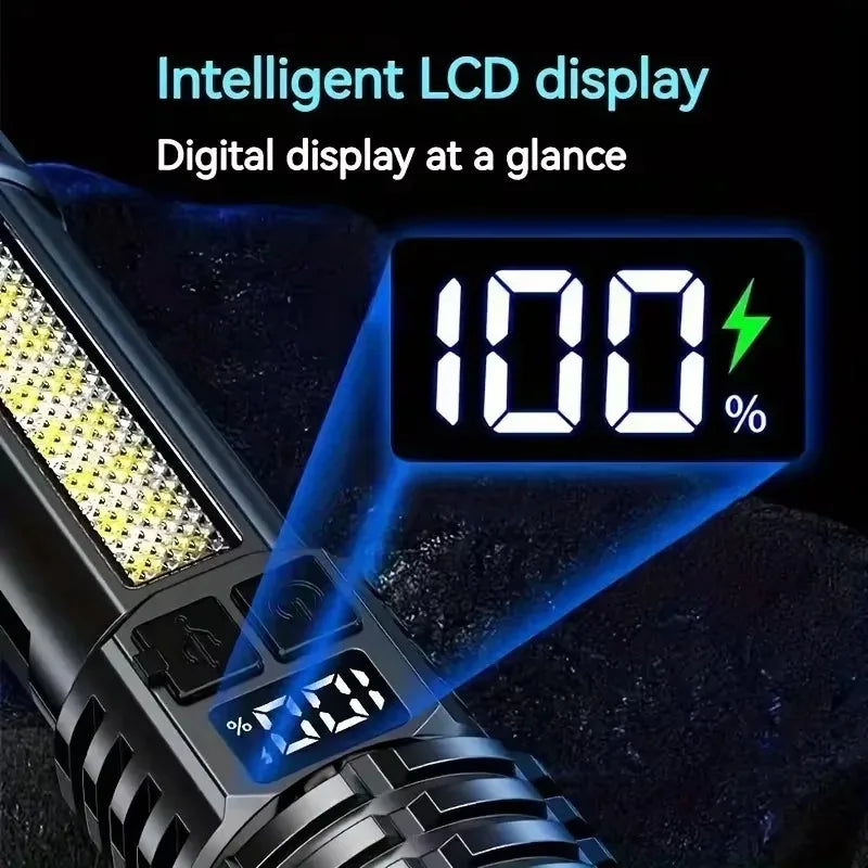 Lanterna LED de alta potência, potente lanterna COB recarregável tipo C com luz lateral para acampamento ou trilhas