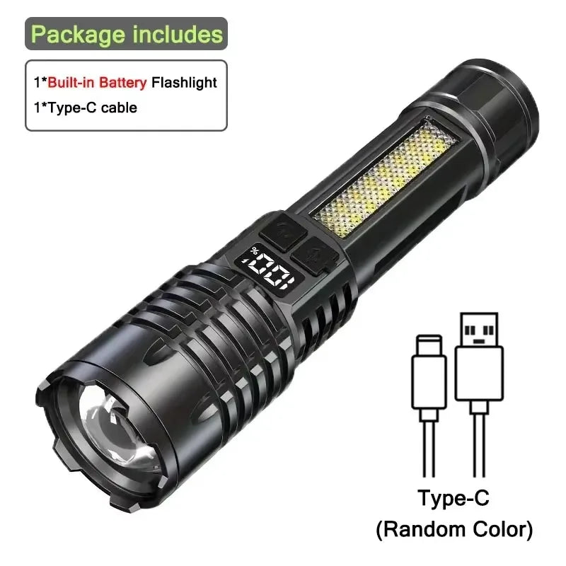 Lanterna LED de alta potência, potente lanterna COB recarregável tipo C com luz lateral para acampamento ou trilhas